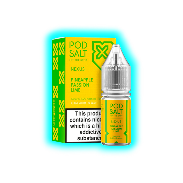 Gelb-grüne Verpackung und Flasche mit Aufschrift 'POD SALT NEXUS PINEAPPLE PASSION LIME' und Warnhinweis zu Nikotin