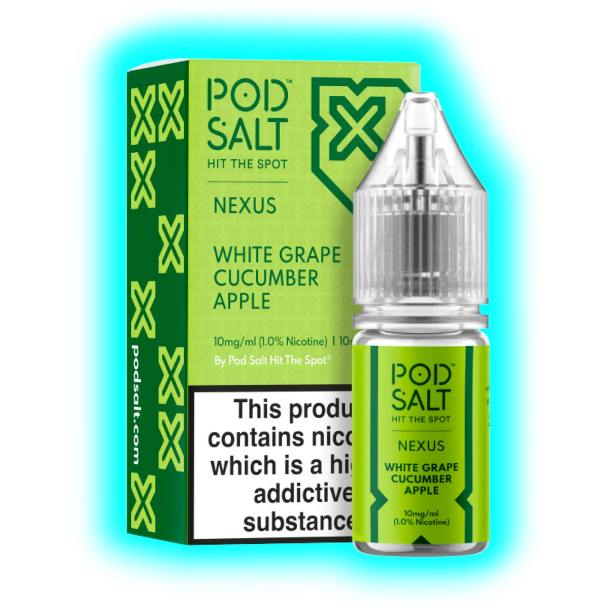 Grüne Verpackung und Flasche mit transparentem Deckel, beschriftet mit 'POD SALT NEXUS WHITE GRAPE CUCUMBER APPLE' und Warnhinweis zu Nikotin