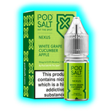 Grüne Verpackung und Flasche mit transparentem Deckel, beschriftet mit 'POD SALT NEXUS WHITE GRAPE CUCUMBER APPLE' und Warnhinweis zu Nikotin