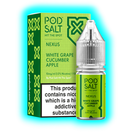 Grüne Verpackung und Flasche mit transparentem Deckel, beschriftet mit 'POD SALT NEXUS WHITE GRAPE CUCUMBER APPLE' und Warnhinweis zu Nikotin