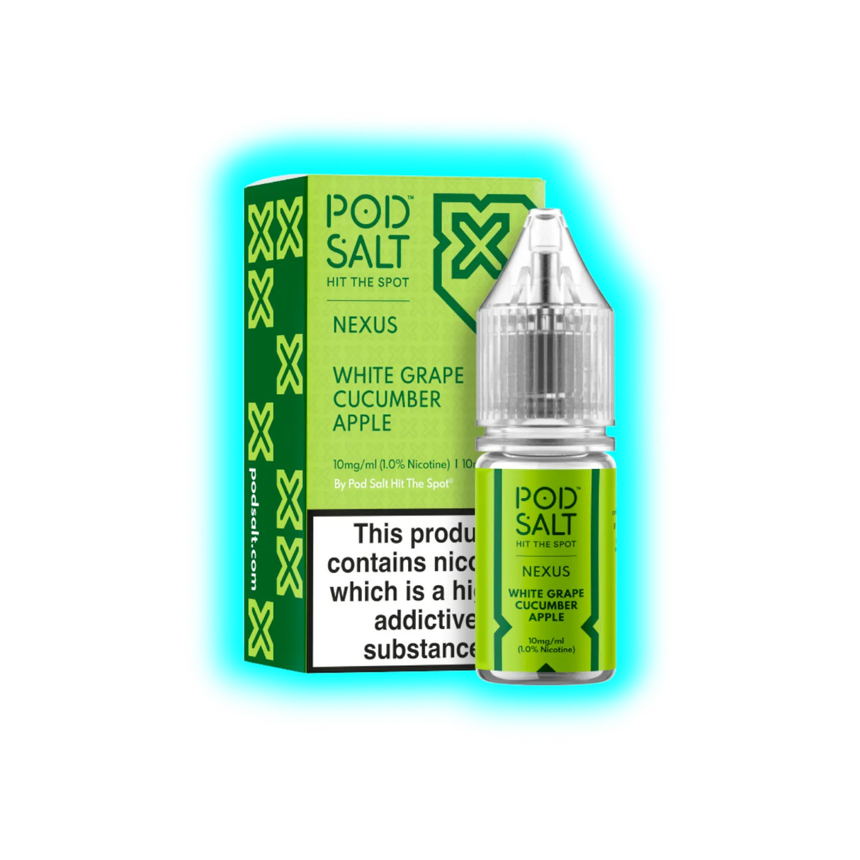 Grüne Verpackung und Flasche mit transparentem Deckel, beschriftet mit 'POD SALT NEXUS WHITE GRAPE CUCUMBER APPLE' und Warnhinweis zu Nikotin