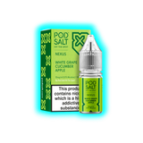 Grüne Verpackung und Flasche mit transparentem Deckel, beschriftet mit 'POD SALT NEXUS WHITE GRAPE CUCUMBER APPLE' und Warnhinweis zu Nikotin