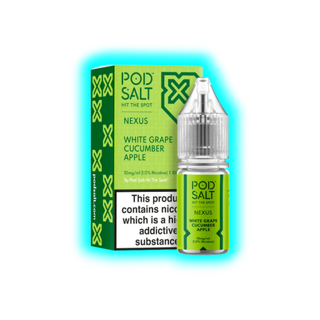 Grüne Verpackung und Flasche mit transparentem Deckel, beschriftet mit 'POD SALT NEXUS WHITE GRAPE CUCUMBER APPLE' und Warnhinweis zu Nikotin