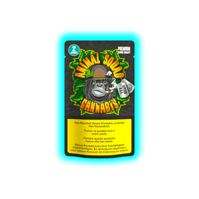 Animal Squad Cannabis: Verpackungsdesign mit illustriertem Affen-Charakter und obligatorischen Gesundheitshinweisen (DE/FR/IT).