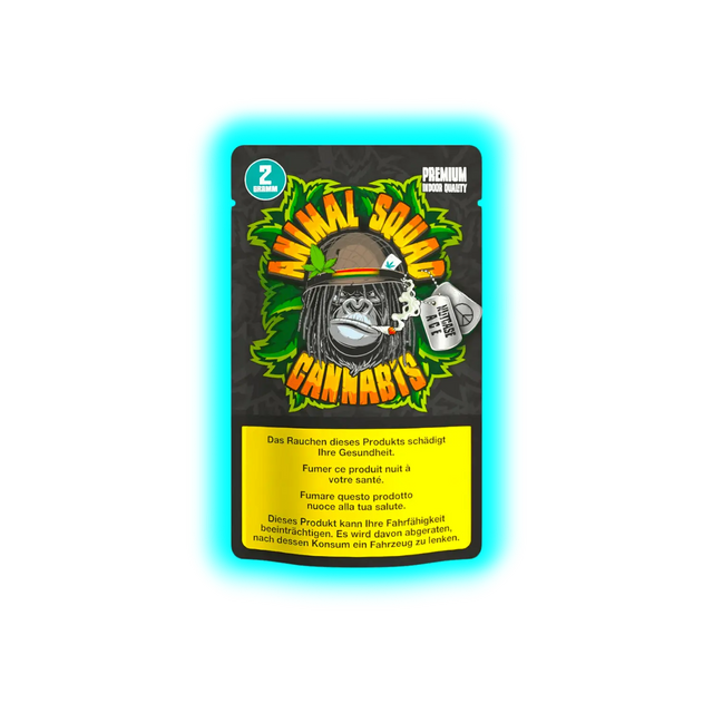 Animal Squad Cannabis: Verpackungsdesign mit illustriertem Affen-Charakter und obligatorischen Gesundheitshinweisen (DE/FR/IT).