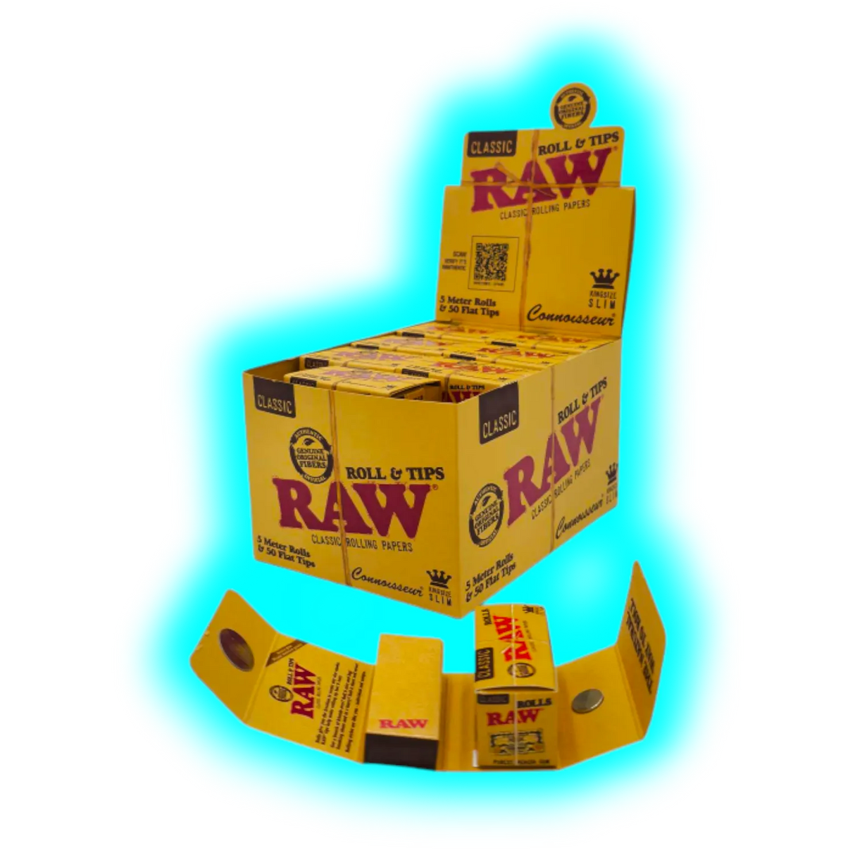 RAW Connoisseur Rolls 5m + 50 Perforated Tips Display