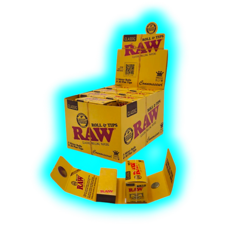 RAW Connoisseur Rolls 5m + 50 Perforated Tips Display