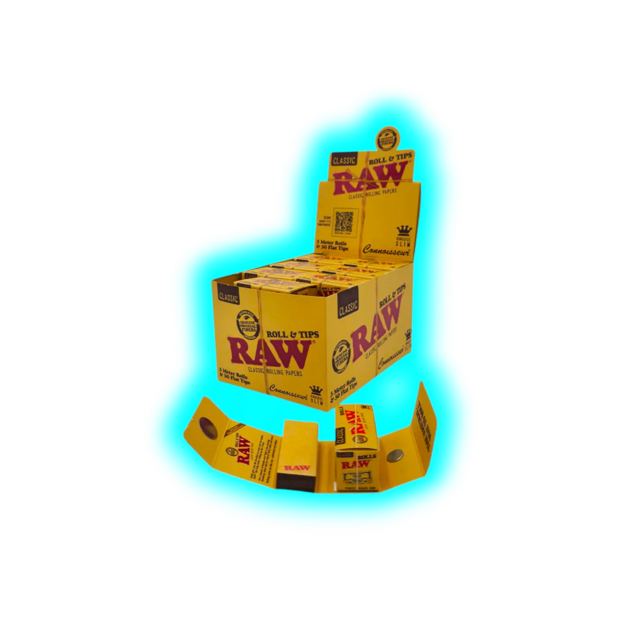 RAW Connoisseur Rolls 5m + 50 Perforated Tips Display