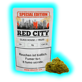Detailansicht Red City Special Edition Fruiti. 8g Glas-House-Qualität (20.- CHF) mit Warnhinweisen und davor liegendem CBD-Bud.