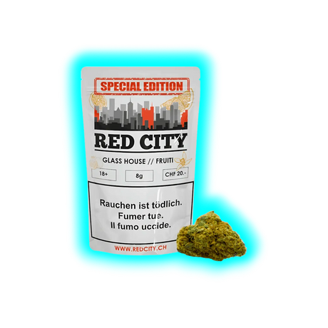 „Special Edition Red City Glass House // Fruiti‘ (8g, 20.- CHF) mit CBD-Blütenstück und mehrsprachigen Warnhinweisen (DE/FR/IT).