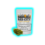 Red City Orange Bud 5g Packung (30.- CHF). Cannabisblüten-Bündel präsentiert vor den dreisprachigen Gesundheitshinweisen.