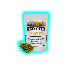 Red City Orange Bud 5g Packung (30.- CHF). Cannabisblüten-Bündel präsentiert vor den dreisprachigen Gesundheitshinweisen.