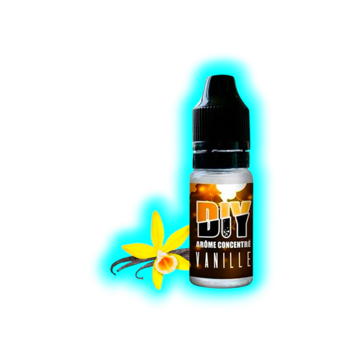 Kleiner Flakon mit schwarzem Verschluss und Etikett mit der Aufschrift 'DIY Arôme Concentré Vanille' neben einer Vanilleschote und einer gelben Vanilleblüte