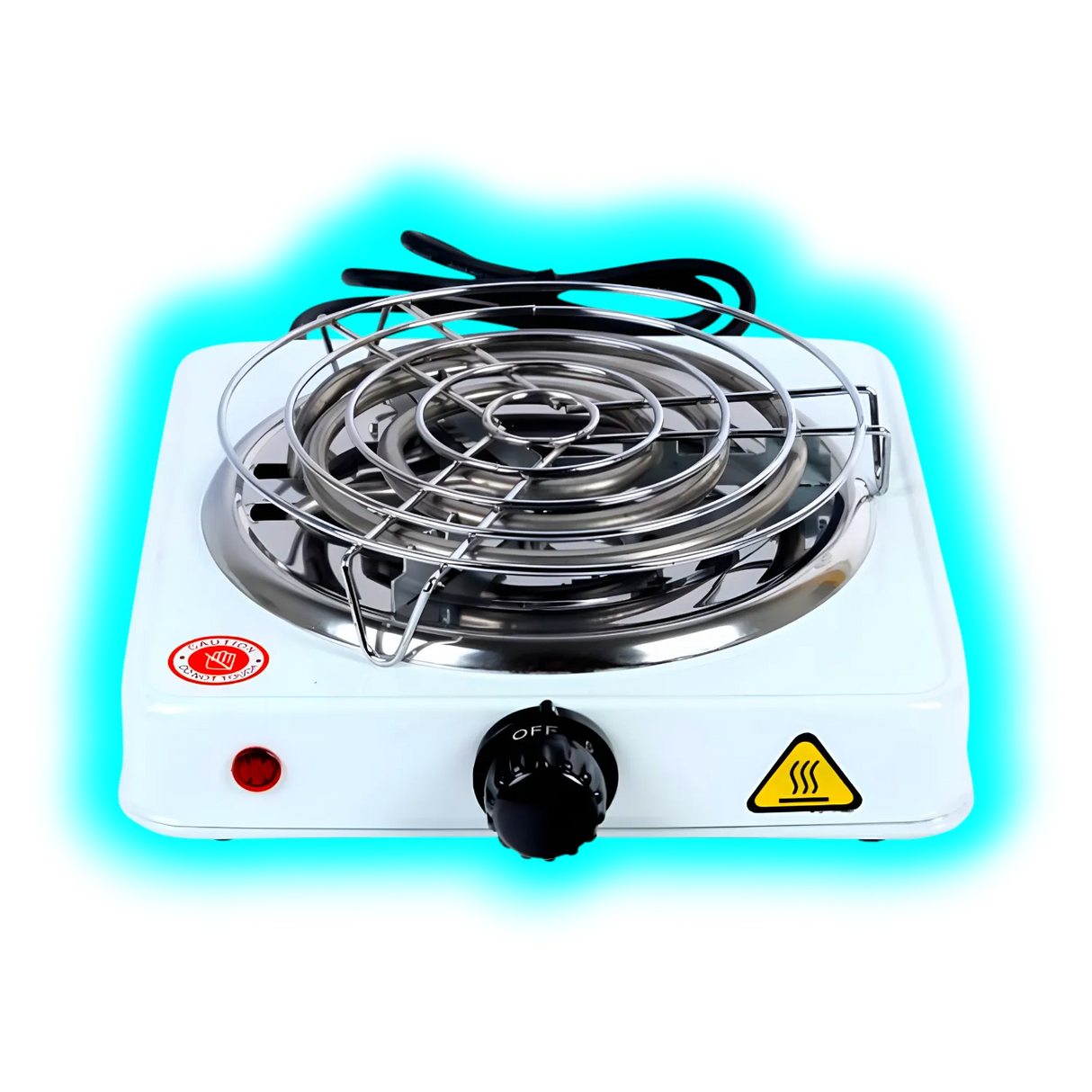 Elektrischer Einzelkochherd mit weißem Gehäuse, runder Heizspirale, schwarzem Drehregler und zwei aufgedruckten Warnsymbolen