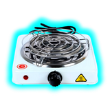 Elektrischer Einzelkochherd mit weißem Gehäuse, runder Heizspirale, schwarzem Drehregler und zwei aufgedruckten Warnsymbolen