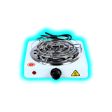 Elektrischer Einzelkochherd mit runder Heizspirale, weißem Gehäuse, schwarzem Drehregler und zwei Warnsymbolen