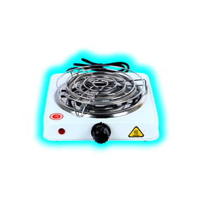 Elektrischer Einzelkochherd mit runder Heizspirale, weißem Gehäuse, schwarzem Drehregler und zwei Warnsymbolen