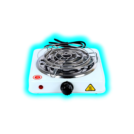 Elektrischer Einzelkochherd mit runder Heizspirale, weißem Gehäuse, schwarzem Drehregler und zwei Warnsymbolen