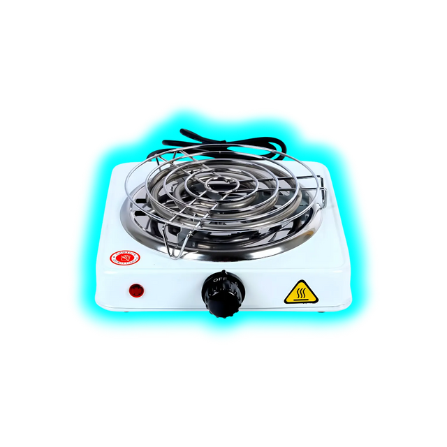 Elektrischer Einzelkochherd mit runder Heizspirale, weißem Gehäuse, schwarzem Drehregler und zwei Warnsymbolen