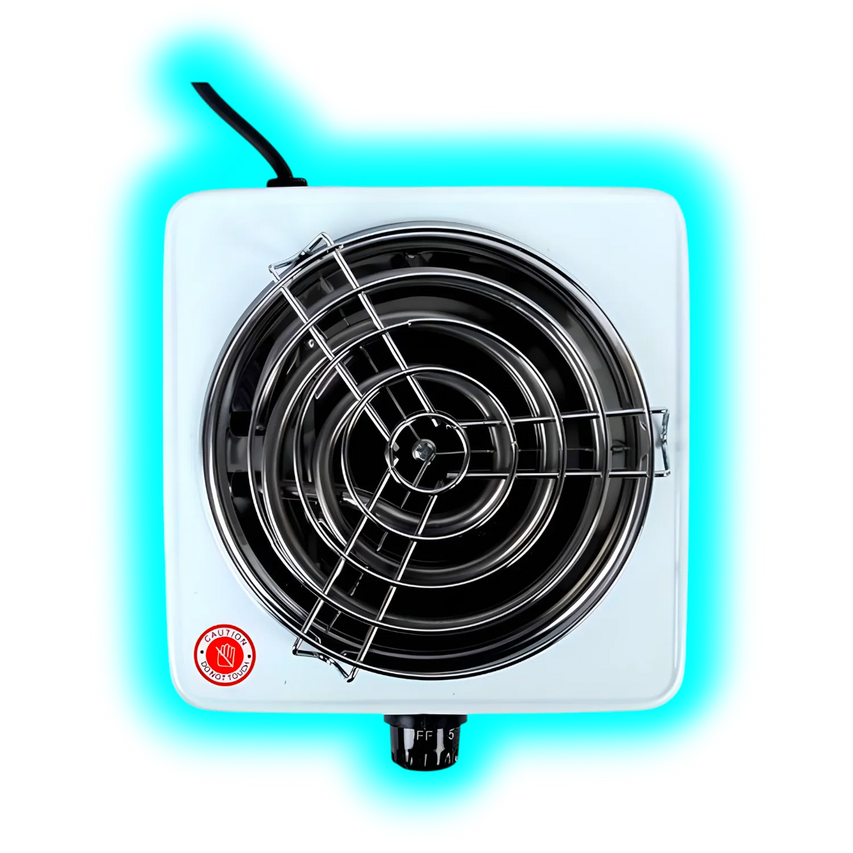 Elektrischer Einzelkochherd mit weißem Gehäuse, runder Heizspirale, schwarzem Drehregler und zwei aufgedruckten Warnsymbolen