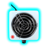 Elektrischer Einzelkochherd mit weißem Gehäuse, runder Heizspirale, schwarzem Drehregler und zwei aufgedruckten Warnsymbolen