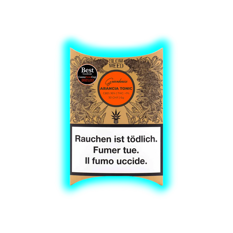 Verpackung für CBD-Blüten der Sorte Arancia Tonic mit Hinweis "Rauchen ist tödlich" in Deutsch, Französisch und Italienisch sowie Angaben zu CBD- und THC-Gehalt und Preis.