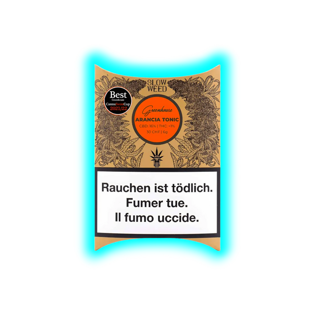 Verpackung für CBD-Blüten der Sorte Arancia Tonic mit Hinweis "Rauchen ist tödlich" in Deutsch, Französisch und Italienisch sowie Angaben zu CBD- und THC-Gehalt und Preis.