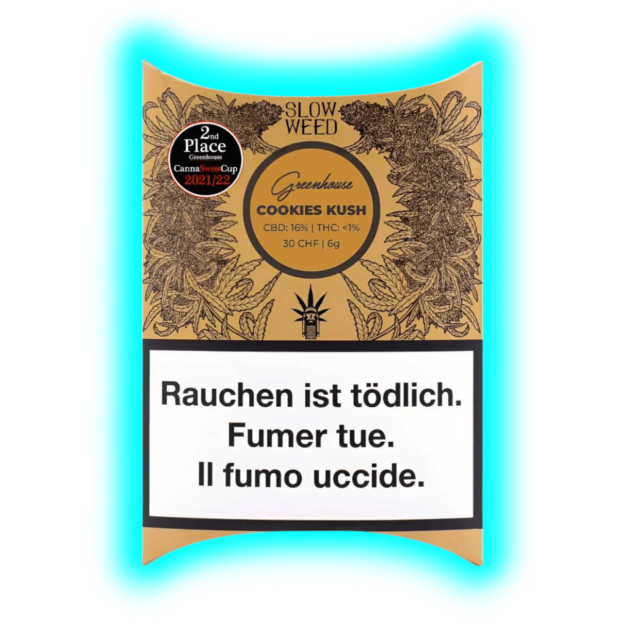 Slow Weed Cookies Kush‘: 6g für 30 CHF. Packung mit Angaben zu 16% CBD, <1% THC und dem Warnhinweis ‚Rauchen ist tödlich‘.