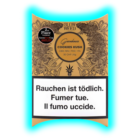 Slow Weed Cookies Kush‘: 6g für 30 CHF. Packung mit Angaben zu 16% CBD, <1% THC und dem Warnhinweis ‚Rauchen ist tödlich‘.