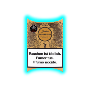 Verpackung mit dem Aufdruck 'Slow Weed Greenhouse Cookies Kush CBD 16% THC <1% 30 CHF 6g' und Warnhinweis in Deutsch, Französisch und Italienisch 'Rauchen ist tödlich. Fumer tue. Il fumo uccide.'