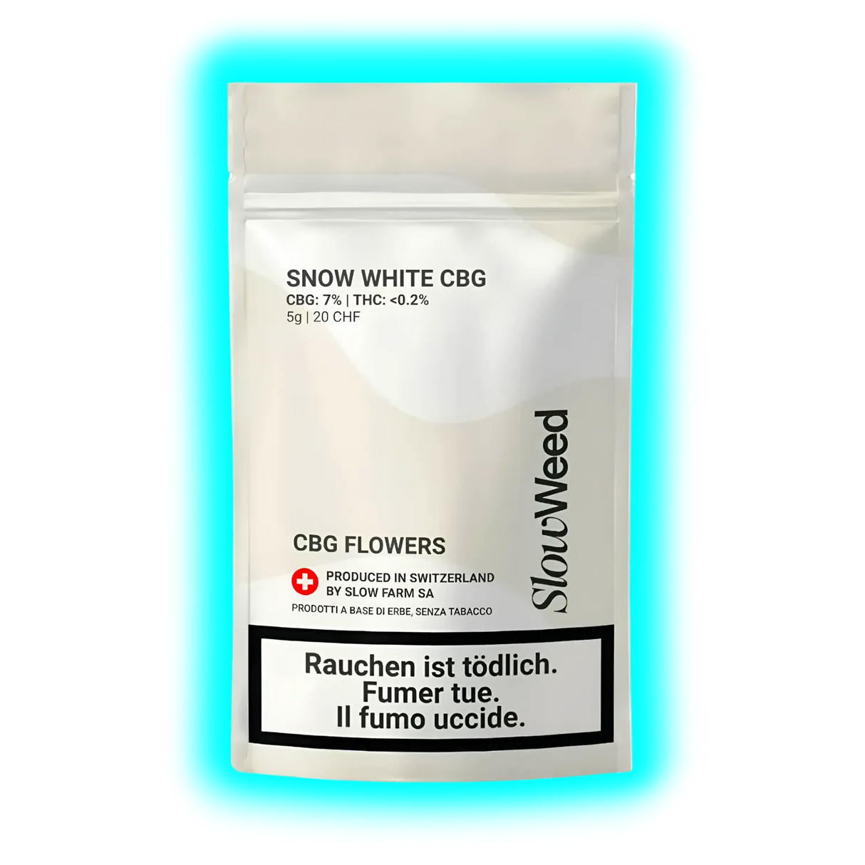 Nahaufnahme: Snow White CBG Flowers. Label mit Slow Farm SA Herstellerhinweis, Schweizer Herkunft und Warntexten