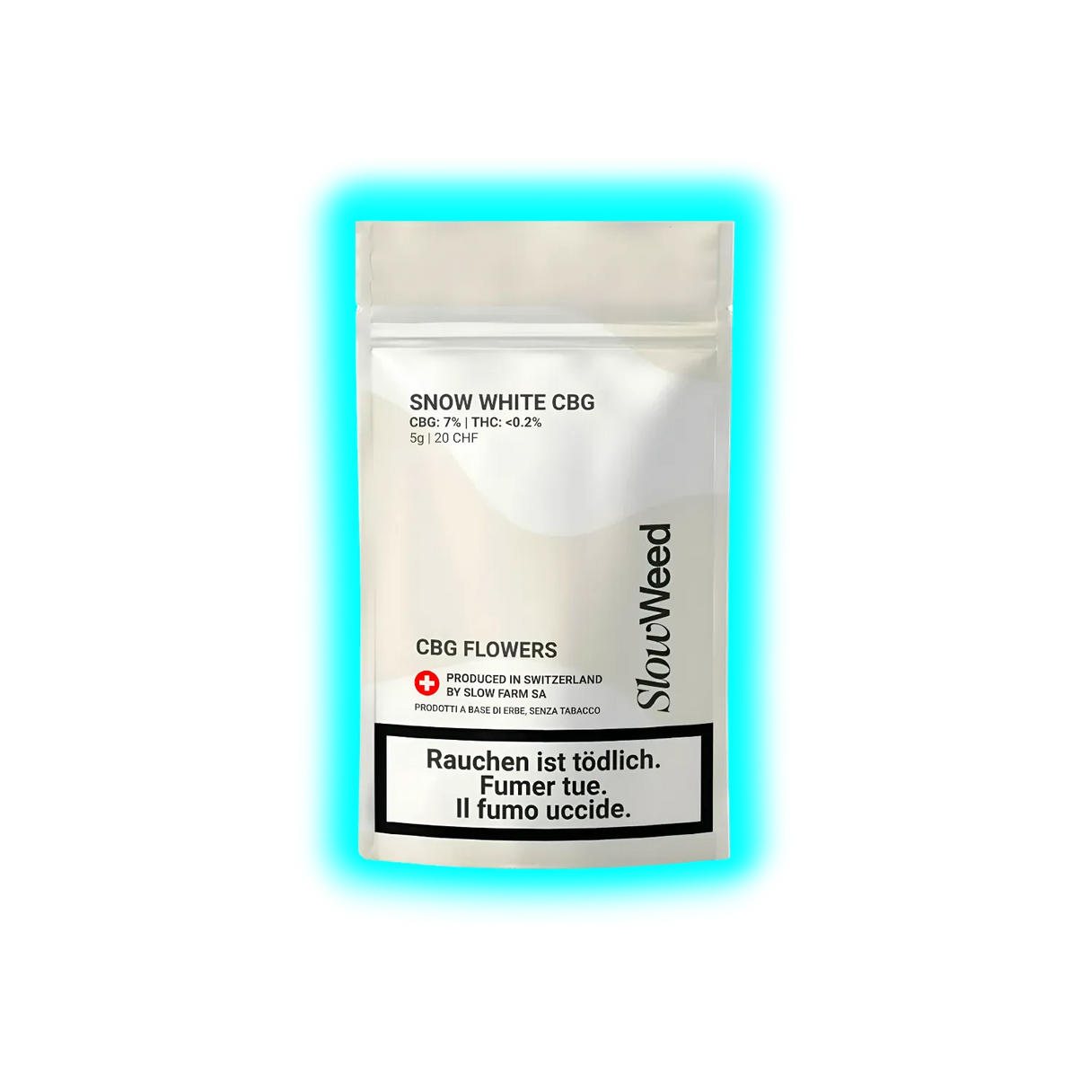 Verpackung mit der Aufschrift 'SNOW WHITE CBG', 'CBG: 7% | THC: <0.2%', '5g | 20 CHF', 'CBG FLOWERS', 'PRODUCED IN SWITZERLAND BY SLOW FARM SA', 'Rauchen ist tödlich. Fumer tue. Il fumo uccide.' und dem Markennamen 'SlowWeed'