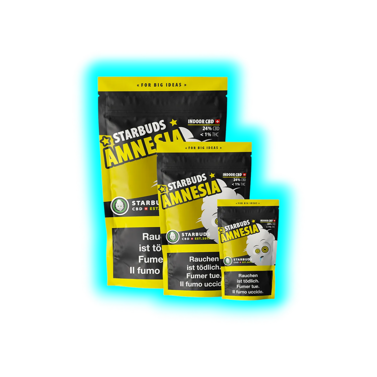 Starbuds Amnesia 20g Indoor Ersatzprodukt schwarze Standbeutel-Verpackung mit weißer Sortenbeschriftung Frontalansicht