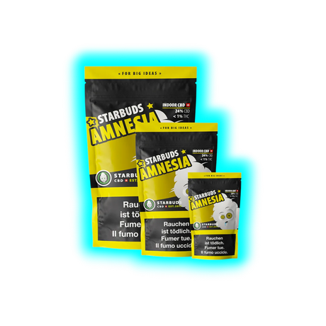 Starbuds Amnesia 20g Indoor Ersatzprodukt schwarze Standbeutel-Verpackung mit weißer Sortenbeschriftung Frontalansicht