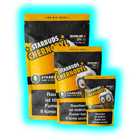 Starbuds Chernobyl 20g Indoor Ersatzprodukt Rückseite mit 22% CBD-Gehalt und Laborwerten Detailaufnahme