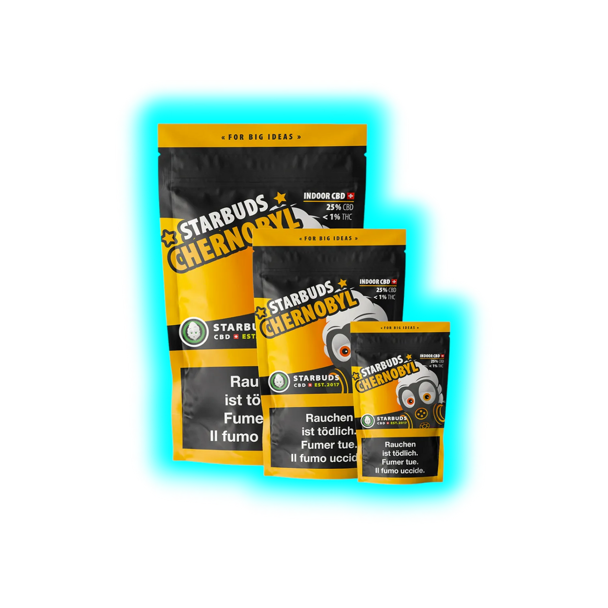 Starbuds Chernobyl 20g Indoor Ersatzprodukt schwarze Vorratspackung mit gelber Aufschrift Frontalansicht