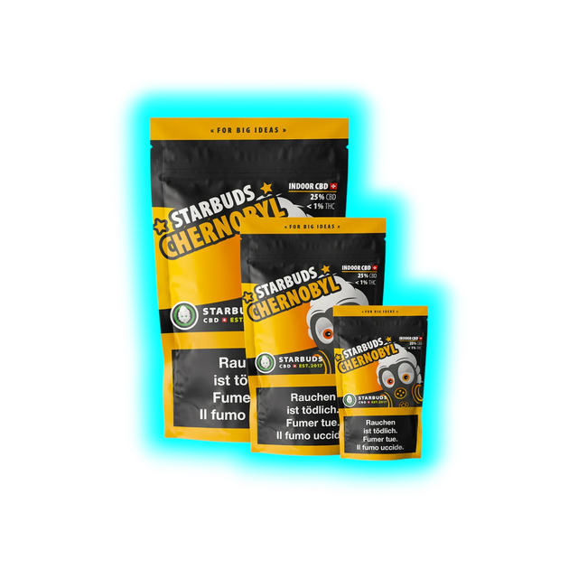 Starbuds Chernobyl 20g Indoor Ersatzprodukt schwarze Vorratspackung mit gelber Aufschrift Frontalansicht