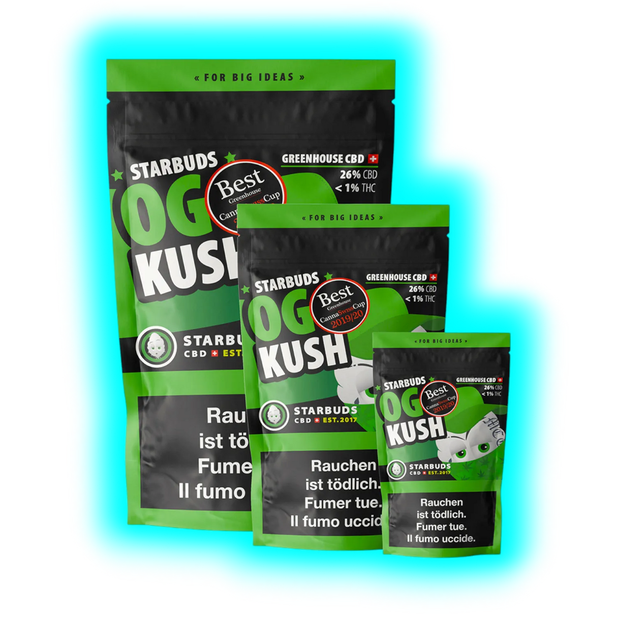 Nahaufnahme der 10g OG Kush Verpackung mit Fokus auf das Greenhouse-Label und die gesetzliche Deklaration.