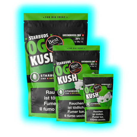 Nahaufnahme der 10g OG Kush Verpackung mit Fokus auf das Greenhouse-Label und die gesetzliche Deklaration.