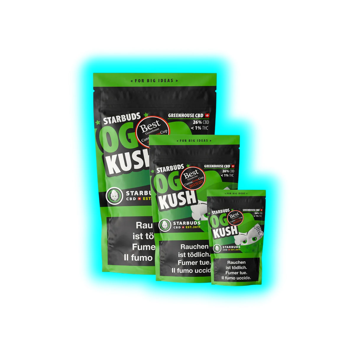 Drei gestaffelte Starbuds OG Kush 20g Beutel mit Aufdruck von 26% CBD und THC-Werten unter 1%.