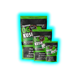 Drei gestaffelte Starbuds OG Kush 20g Beutel mit Aufdruck von 26% CBD und THC-Werten unter 1%.