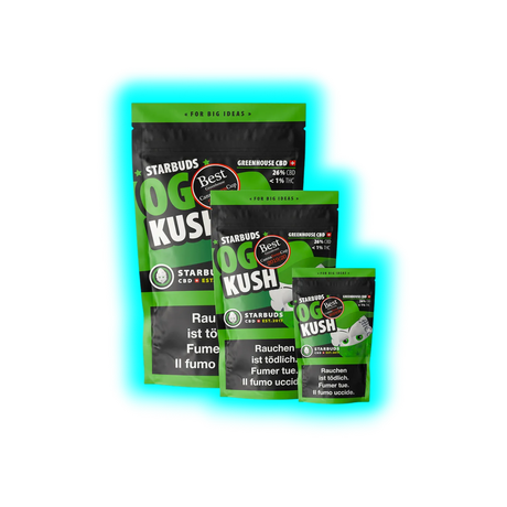 Drei unterschiedliche Packungsgrössen der Sorte Starbuds OG Kush Indoor CBD in grün-schwarzem Design.