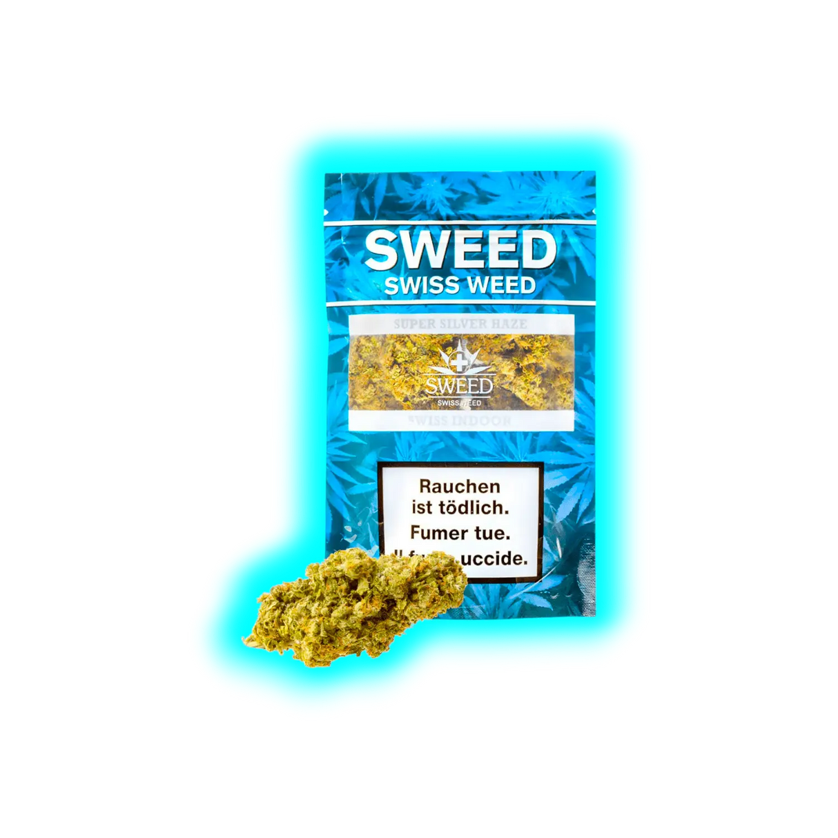 Sweed Swiss Weed: Super Silver Haze in blauer Verpackung. Ansicht der CBD-Blüten vor den gesetzlichen Warnungen (Fumer tue / Uccide).