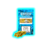 Sweed Swiss Weed: Super Silver Haze in blauer Verpackung. Ansicht der CBD-Blüten vor den gesetzlichen Warnungen (Fumer tue / Uccide).