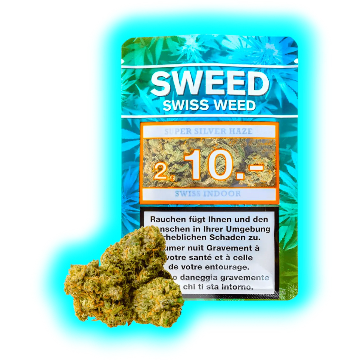 Schriftzug ‚Sweed Super Silver Haze 2 10.-‘ auf Swiss Indoor Packung mit zwei davor liegenden Hanfblüten.
