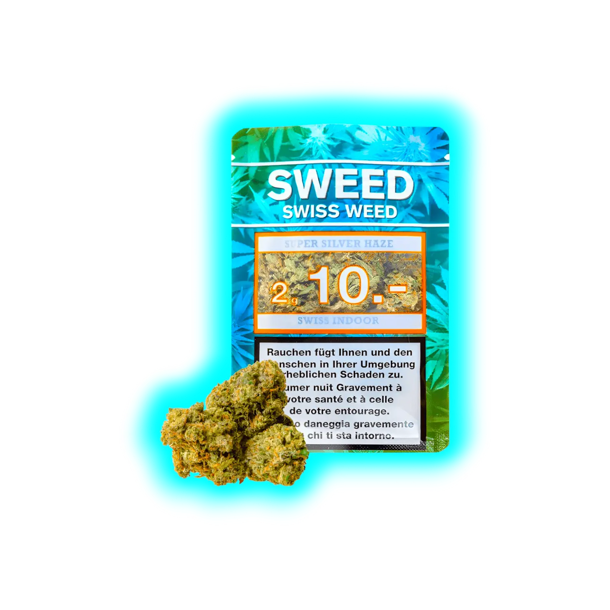 Sweed Swiss Weed: Super Silver Haze (2g/10.-). Ansicht der getrockneten CBD-Blüten vor der Originalverpackung.