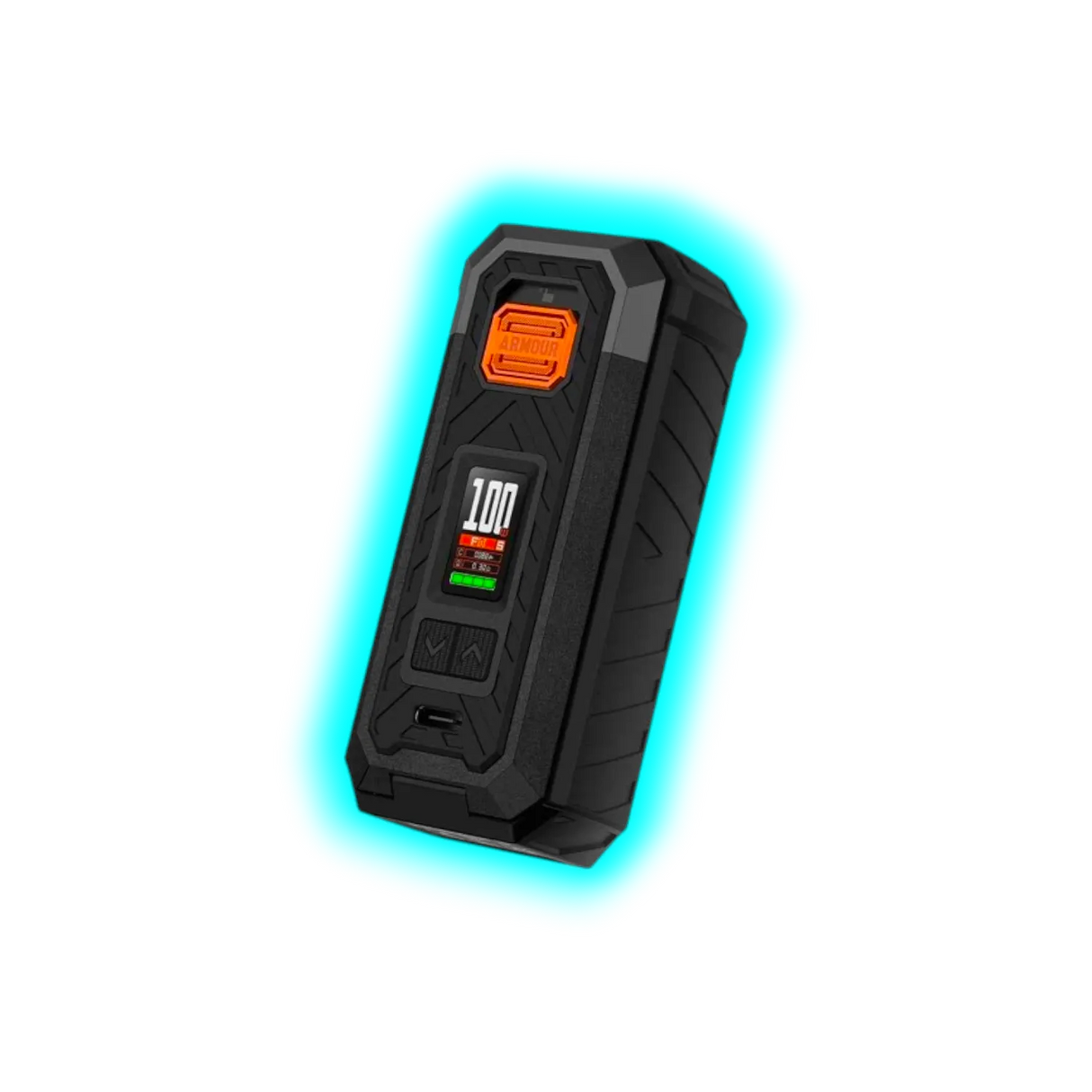 Schwarzes, kantiges elektronisches Gerät mit farbigem Display und orangem Knopf mit der Aufschrift 'ARMOUR'