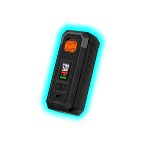 Schwarzes, kantiges elektronisches Gerät mit farbigem Display und orangem Knopf mit der Aufschrift 'ARMOUR'