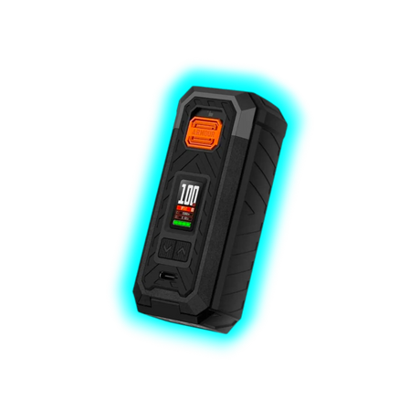 Schwarzes, kantiges elektronisches Gerät mit farbigem Display und orangem Knopf mit der Aufschrift 'ARMOUR'