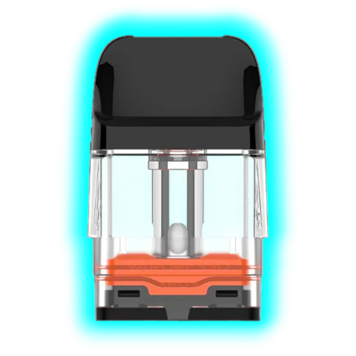 Pod mit schwarzem Mundstück und transparentem Tank mit orangefarbenem Element im Inneren